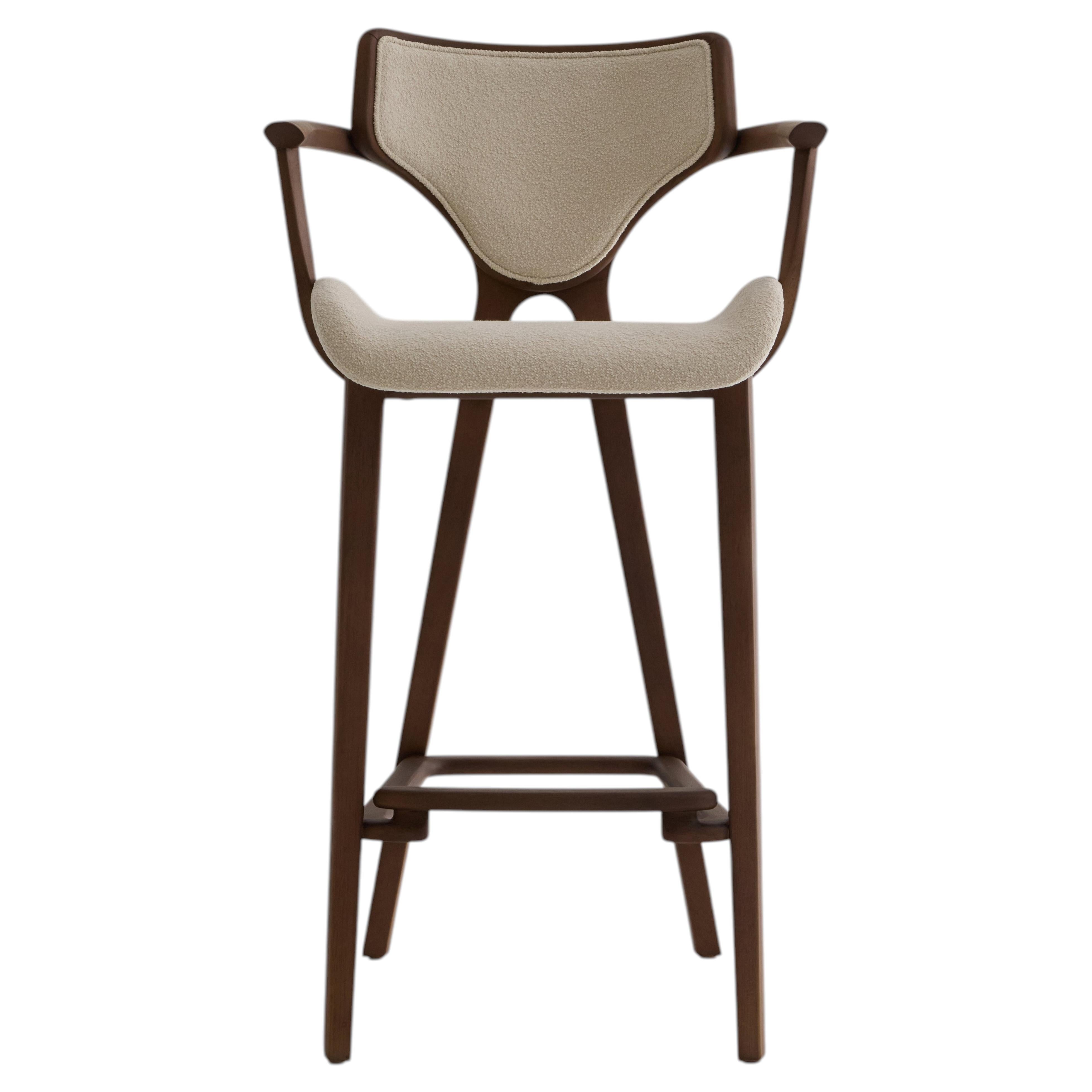 Lotus Stool by Daniel Simonini, Solid Wood & Cane Back, Mocha Leather For Sale