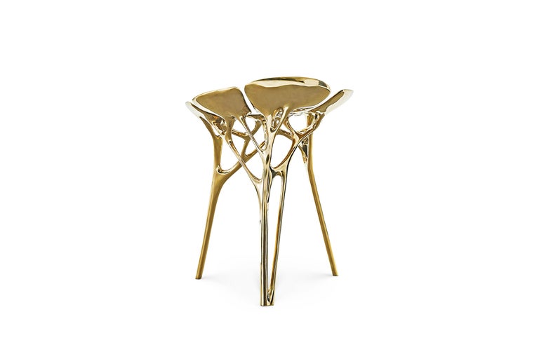 Chinese Lotus Stool Side Table Polished Brass Gold End Table Organic Form For Sale