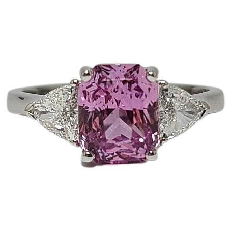 Lotus Certified Unheated Madagascar Bubble Gum Pink 2.62 Sapphire ,Natural Trillion Cut Natural Diamonds VS1 G set in 18K White Gold Ring