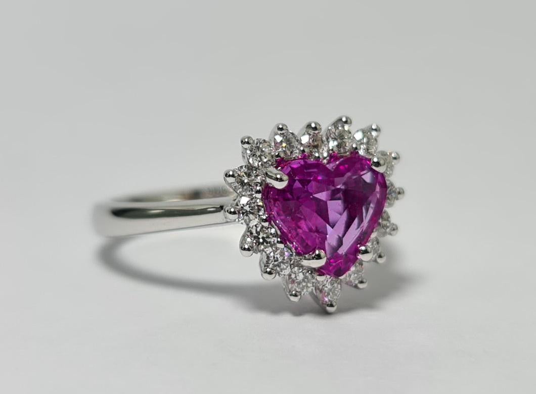 Lotus Certified Unheated Madagascar  1.51 ct Heart Shape Hot Pink Sapphire  Diamond Halo 18k white Gold Ring
