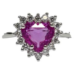 Lotus Unheated Hot Pink 1.51Ct Sapphire Heart 18k white gold Diamond Halo Ring