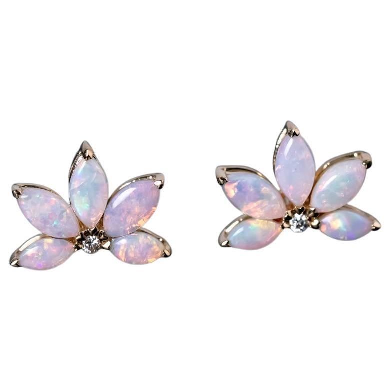 Lotus Water Lily Design Australian Solid Opal Diamond Earrings 14K Yellow Gold For Sale