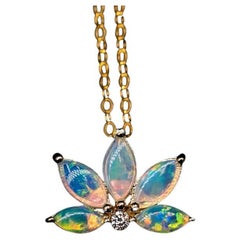 Used Lotus Water Lily Design Australian Solid Opal Diamond Necklace 14K Yellow Gold