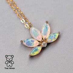 Lotus Water Lily Design Australian Solid Opal Diamond Pendant Necklace