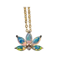 Lotus Water Lily Design Australian Solid Opal Diamond Pendant Necklace