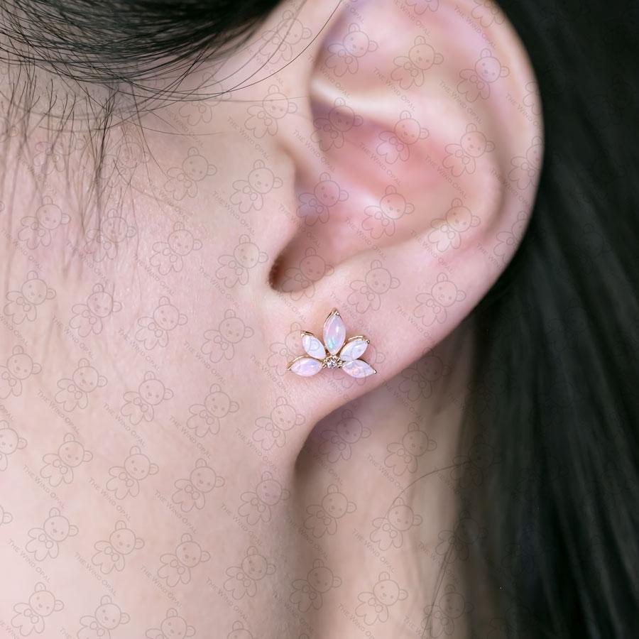 Arts and Crafts Lotus Water Lily Design Opal Diamond Earrings 14K Yellow Gold For Sale