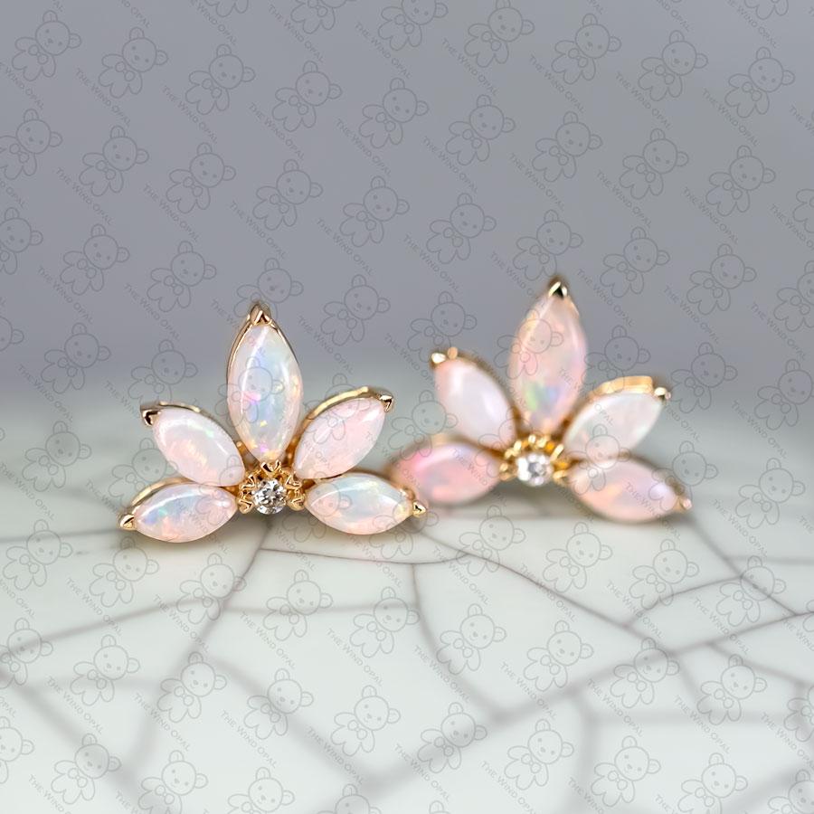 Brilliant Cut Lotus Water Lily Design Opal Diamond Earrings 14K Yellow Gold For Sale