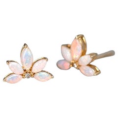 Lotus Water Lily Design Opal Diamond Earrings 14K Yellow Gold