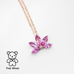 Lotus Water Lily Design Pink Sapphire Diamond Pendant Necklace 18K Rose Gold