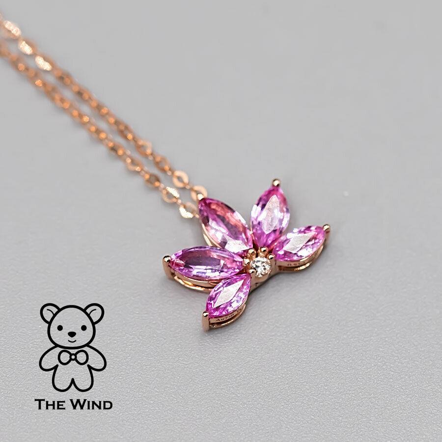 Brilliant Cut Lotus Water Lily Design Pink Sapphire Diamond Pendant Necklace 18K Rose Gold For Sale