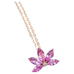 Used Lotus Water Lily Design Pink Sapphire Diamond Pendant Necklace 18K Rose Gold