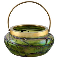 Lötz Art Nouveau Bowl in Green Art Glass with Brass Mounting and Handle