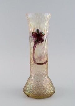 Lötz Art Nouveau Vase in Frosted Mouth-Blown Art Glass with Purple Flowers