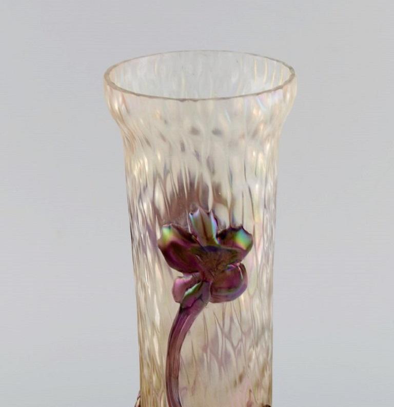 Lötz Art Nouveau Vase in Frosted Mouth-Blown Art Glass with Purple Flowers For Sale 1