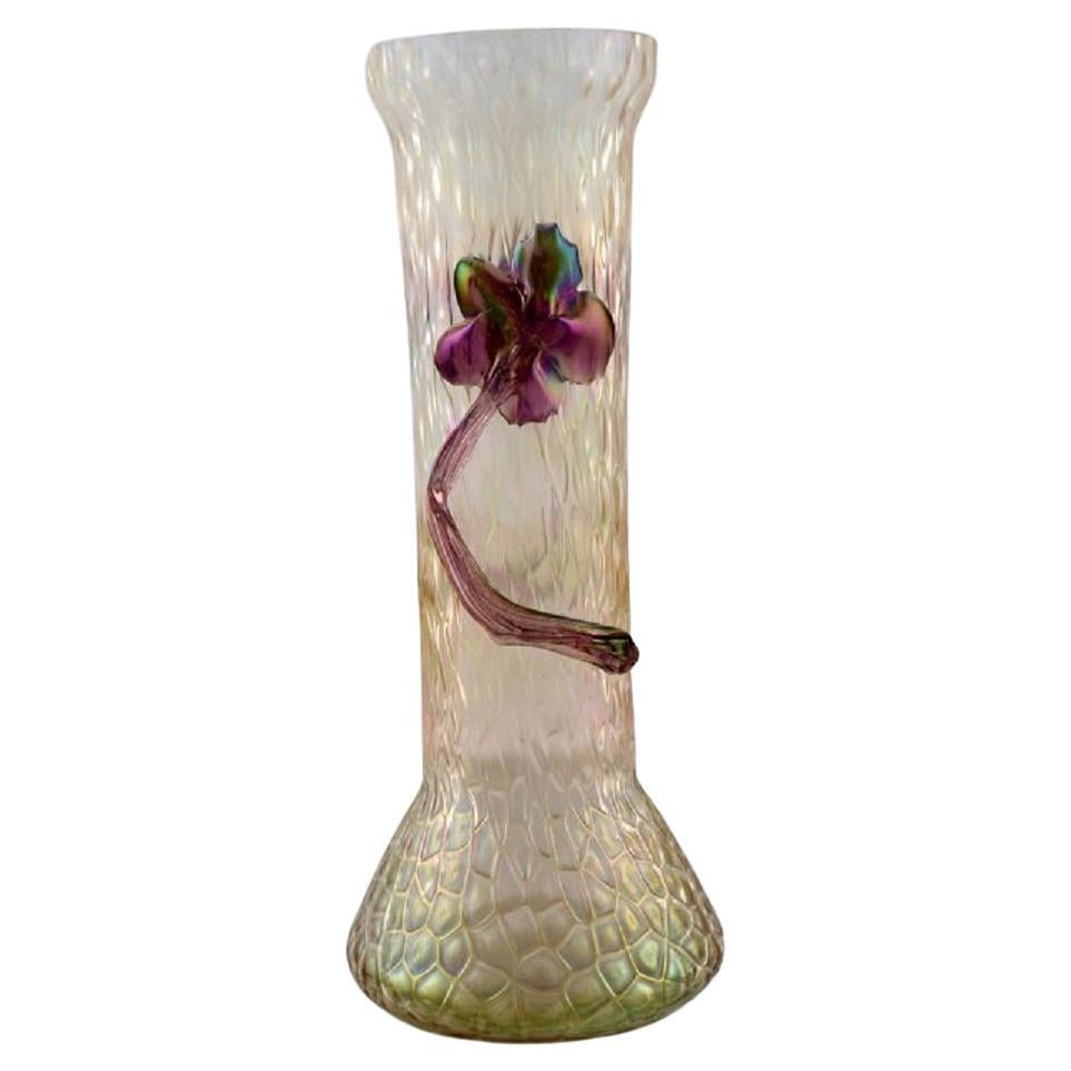 Lötz Art Nouveau Vase in Frosted Mouth-Blown Art Glass with Purple Flowers