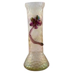 Lötz Art Nouveau Vase in Frosted Mouth-Blown Art Glass with Purple Flowers