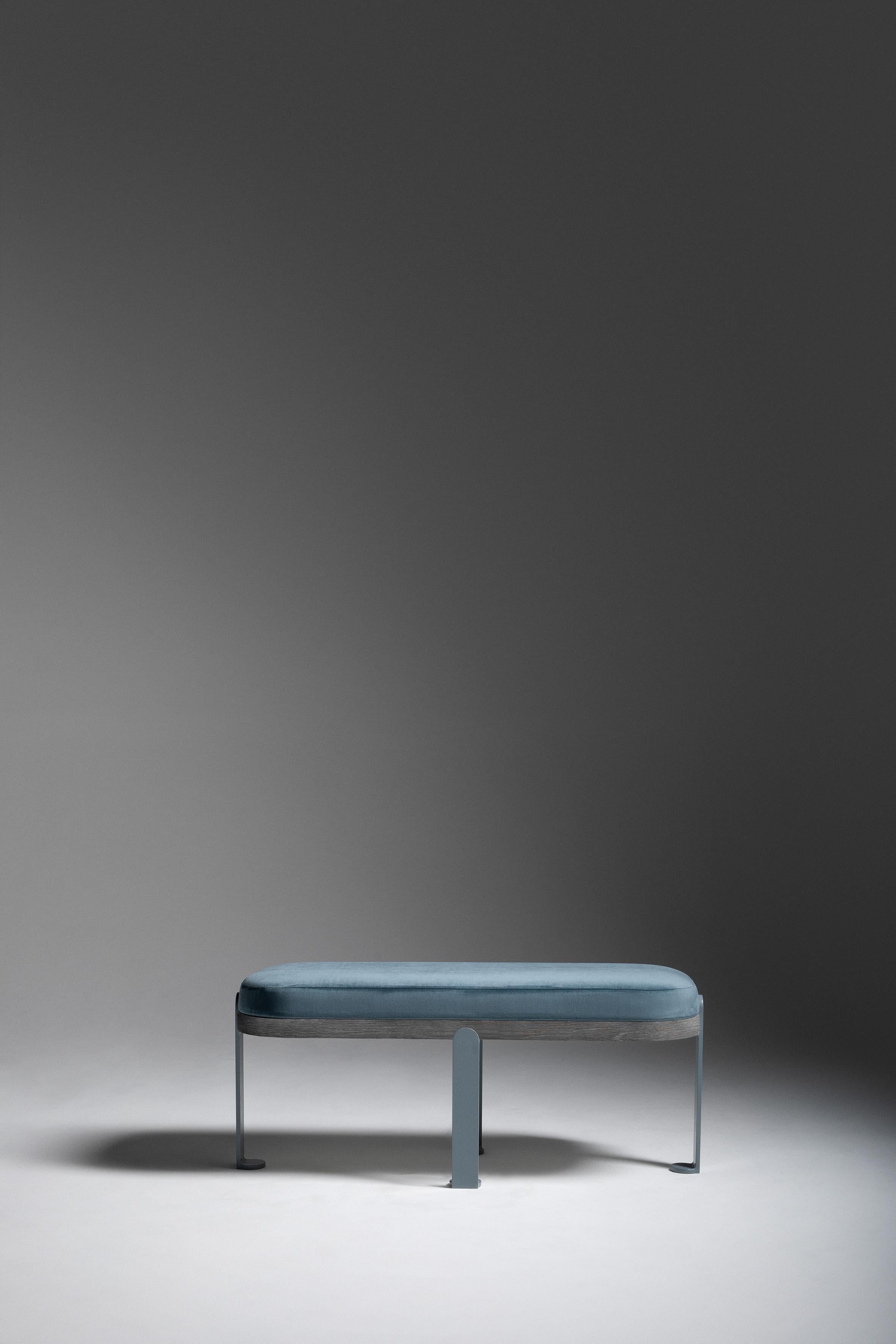 Lou Bench, Memphis, France, Le Berre Vevaud
Empreinte Collection 
Grey Blue brushed oak seat top
Steel base, glossy Grey Blue lacquered finish
Removable seat upholstered in Villa Nova velvet fabric, Barcelona

Fabric required: 2.5 m / 2.73