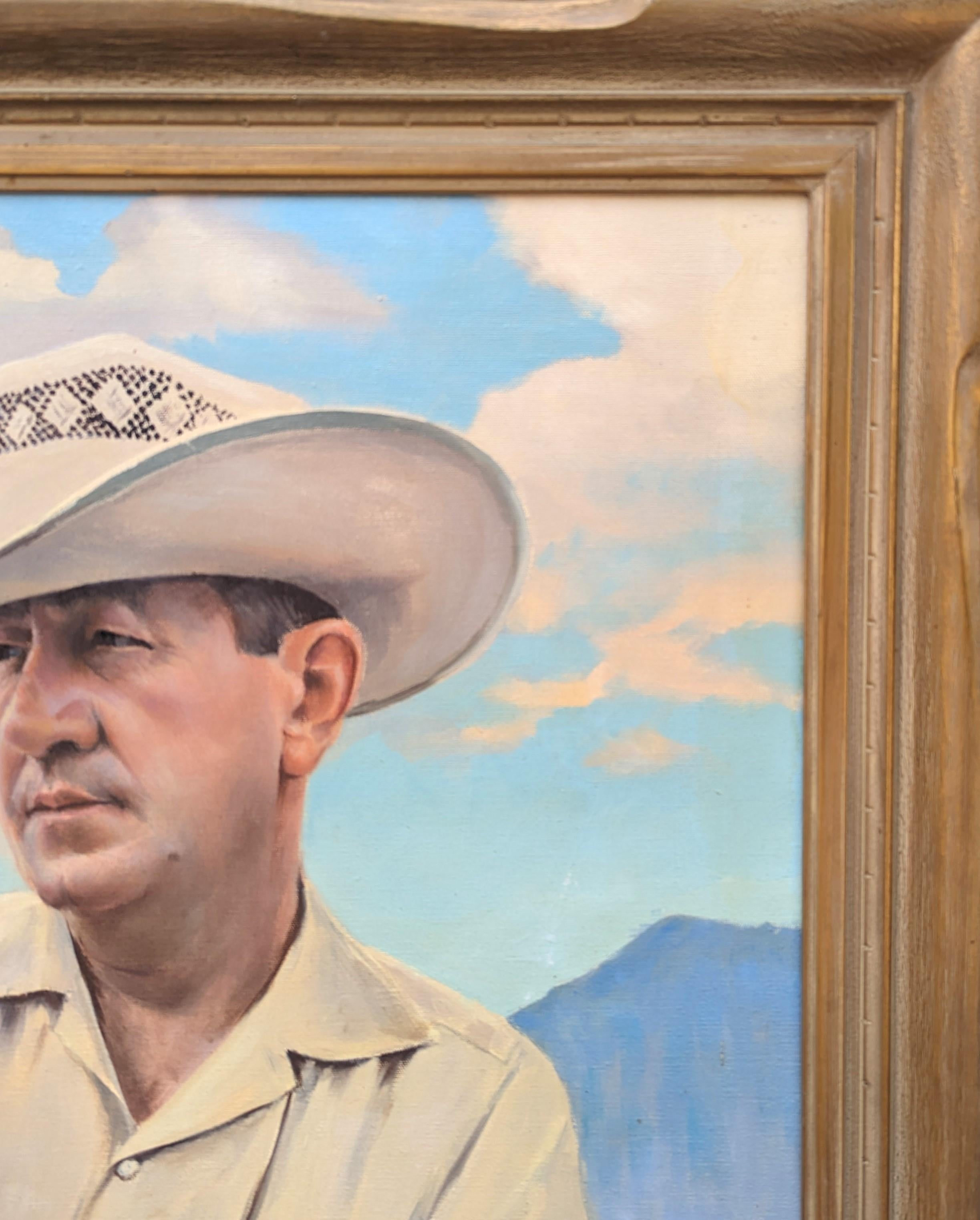 Portrait naturaliste de Jim Derrick par l'artiste Lou Benesch. Le portrait représente un personnage central vêtu d'un chapeau de cow-boy, d'une belle chemise de travail et d'un bracelet en or, adossé à un poteau portant le logo de Riodosa Downs.