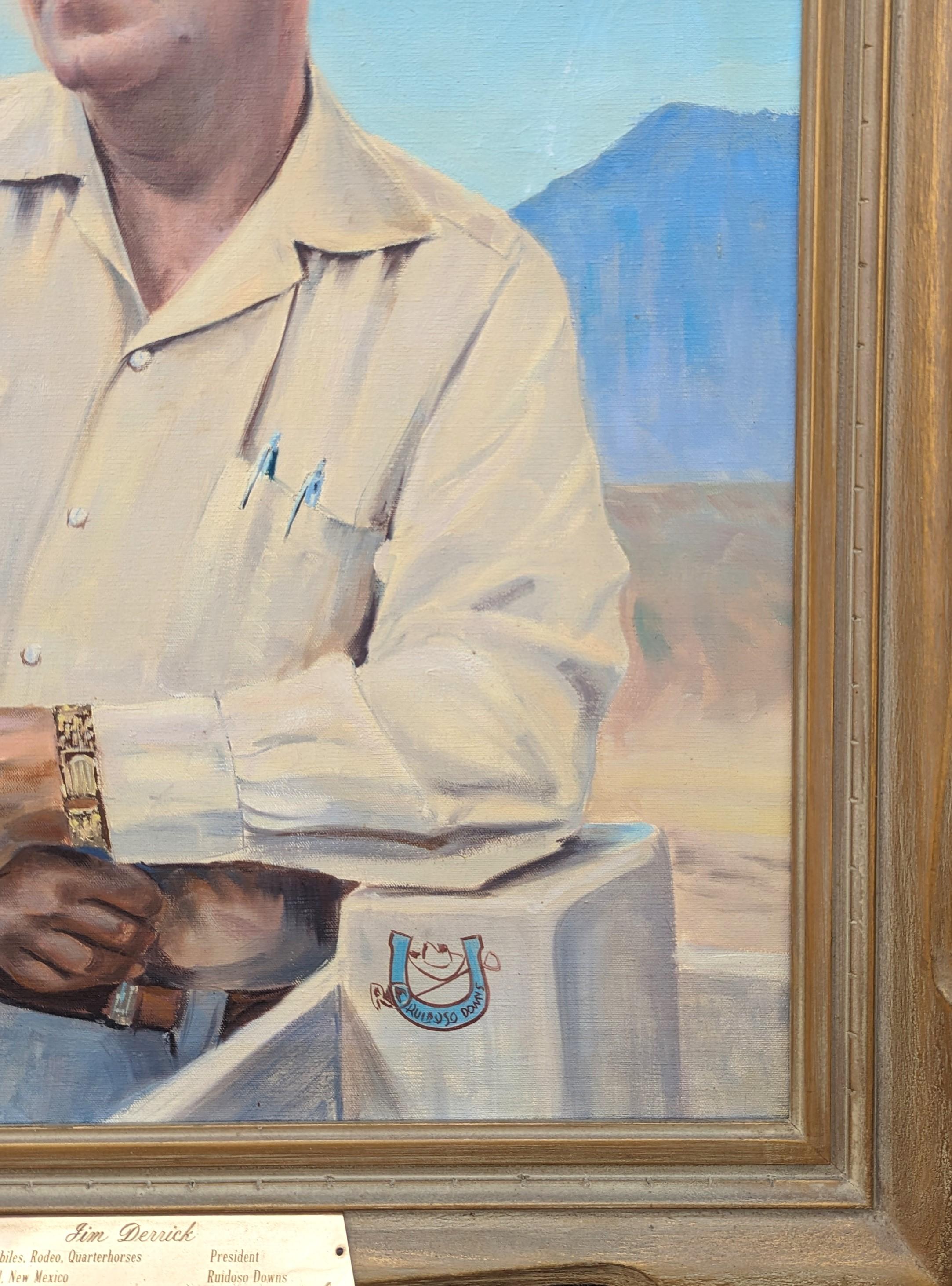 Naturalistic portrait of Jim Derrick by the artist Lou Benesch. The portrait features a central figure clad in a cowboy hat, nice work shirt, and a gold bracelet leaning against a post with the logo of Riodosa Downs. Signed by the artist in the
