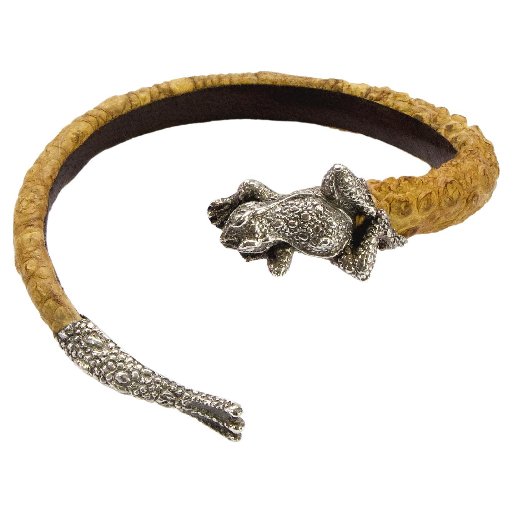 Lou Guerin Bracelet - Silver Frog Body Detail + Leather Main Body For Sale
