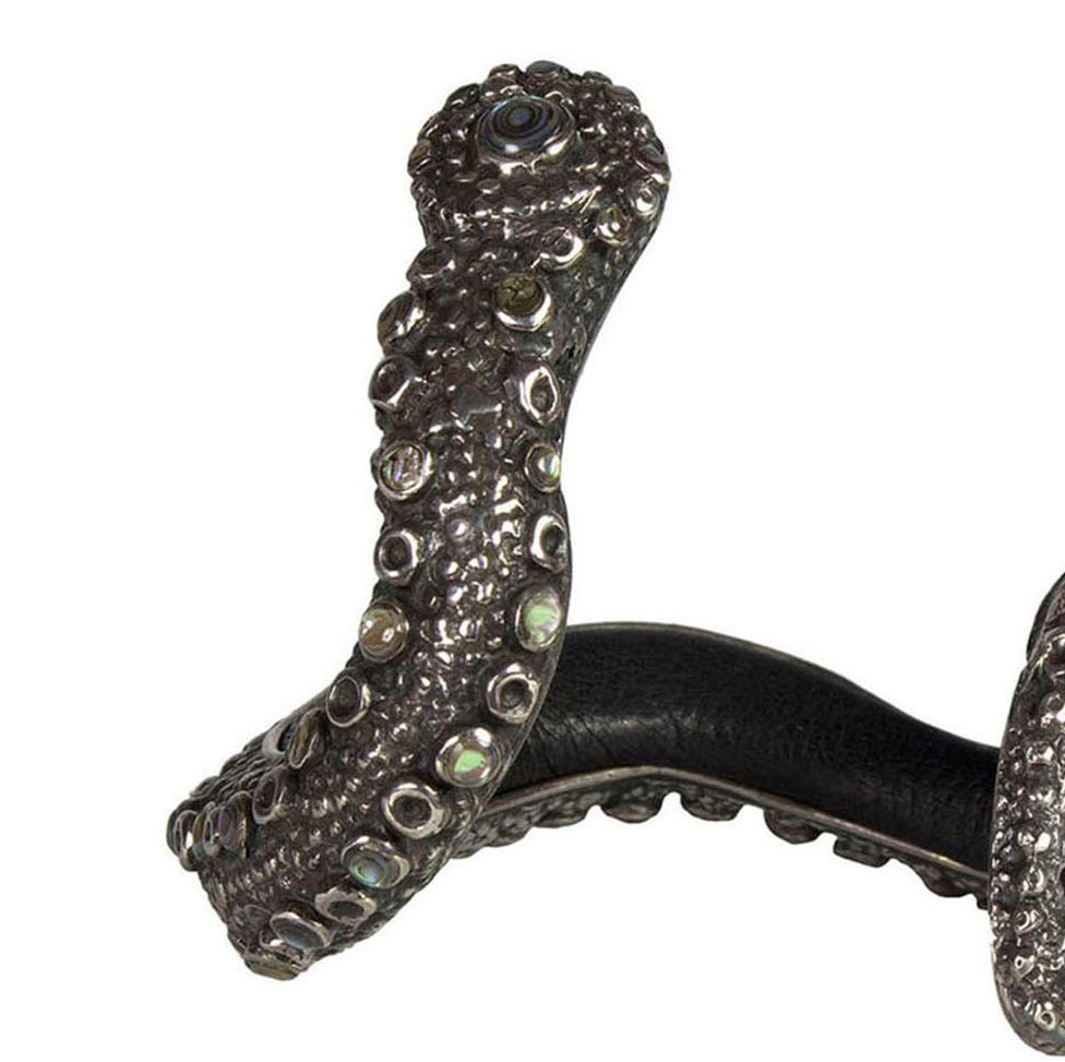 Artisan Lou Guerin Mother of Pearl Bracelet 925 Silver Leather Inlay Snake Bracelet 