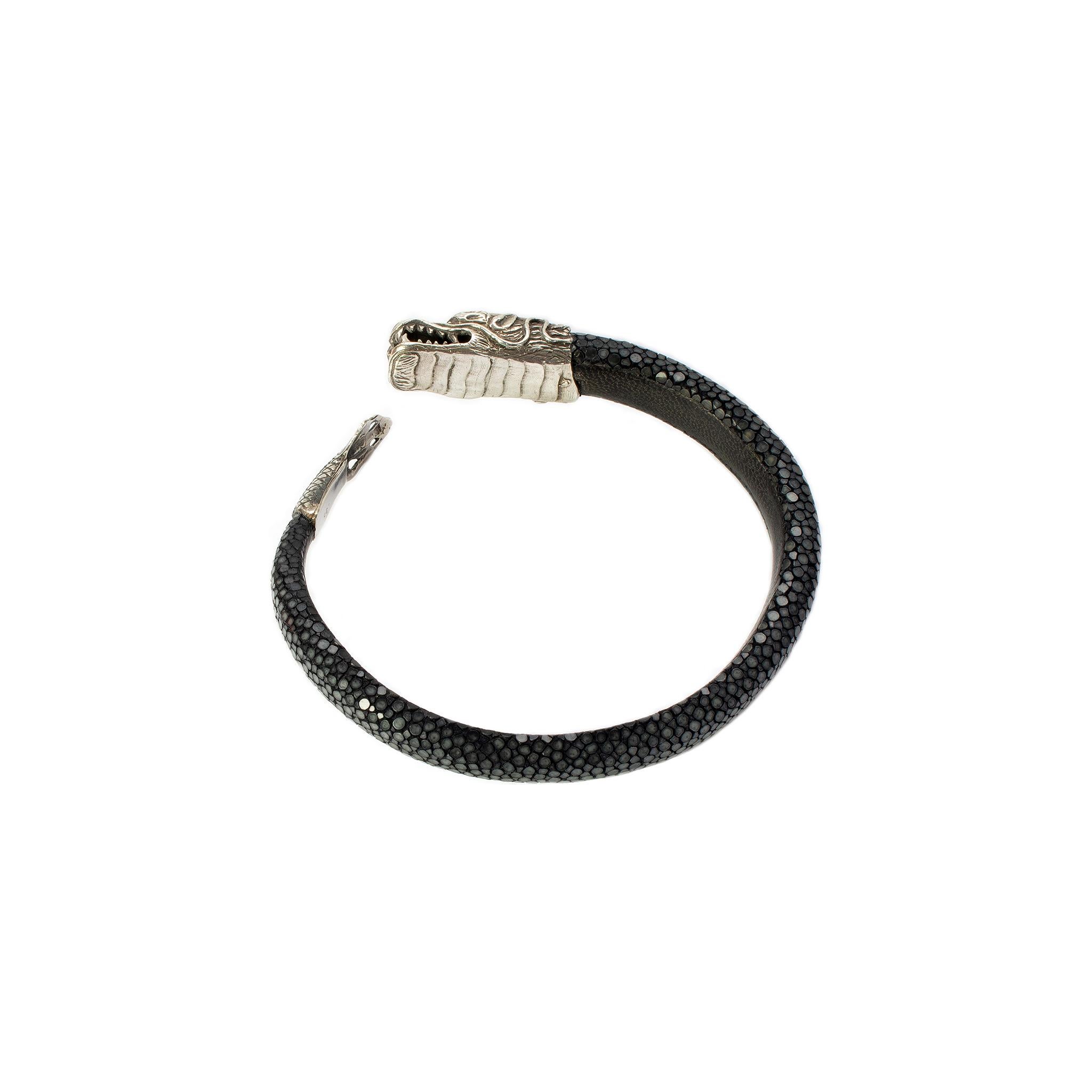 Lou Guerin Sterling Silver ‘Dragon’ Bracelet Adjustable Stingray Leather Outer  1