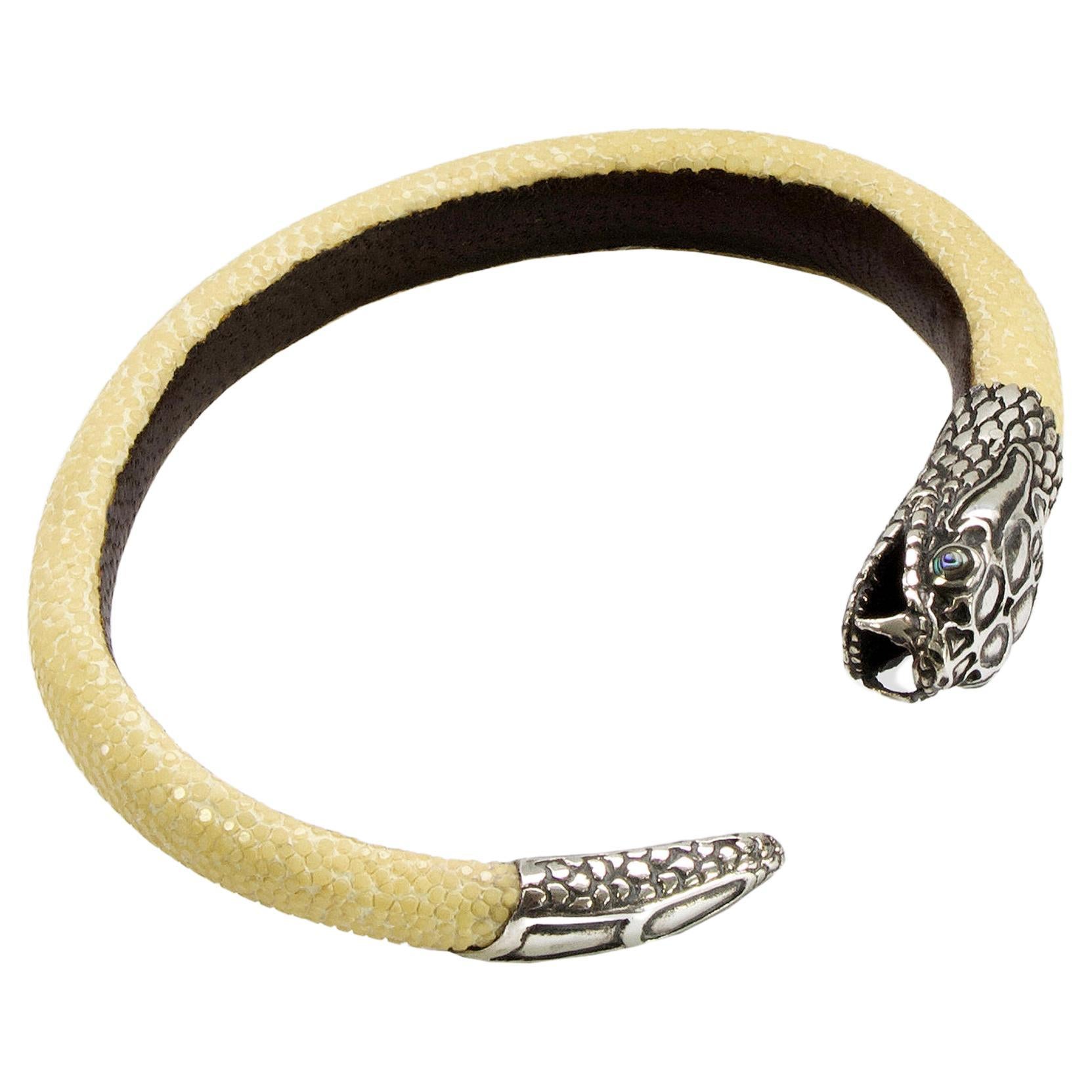 Lou Guerin Bracelet - Silver Snake Head Detail - Adjustable Leather Outer For Sale