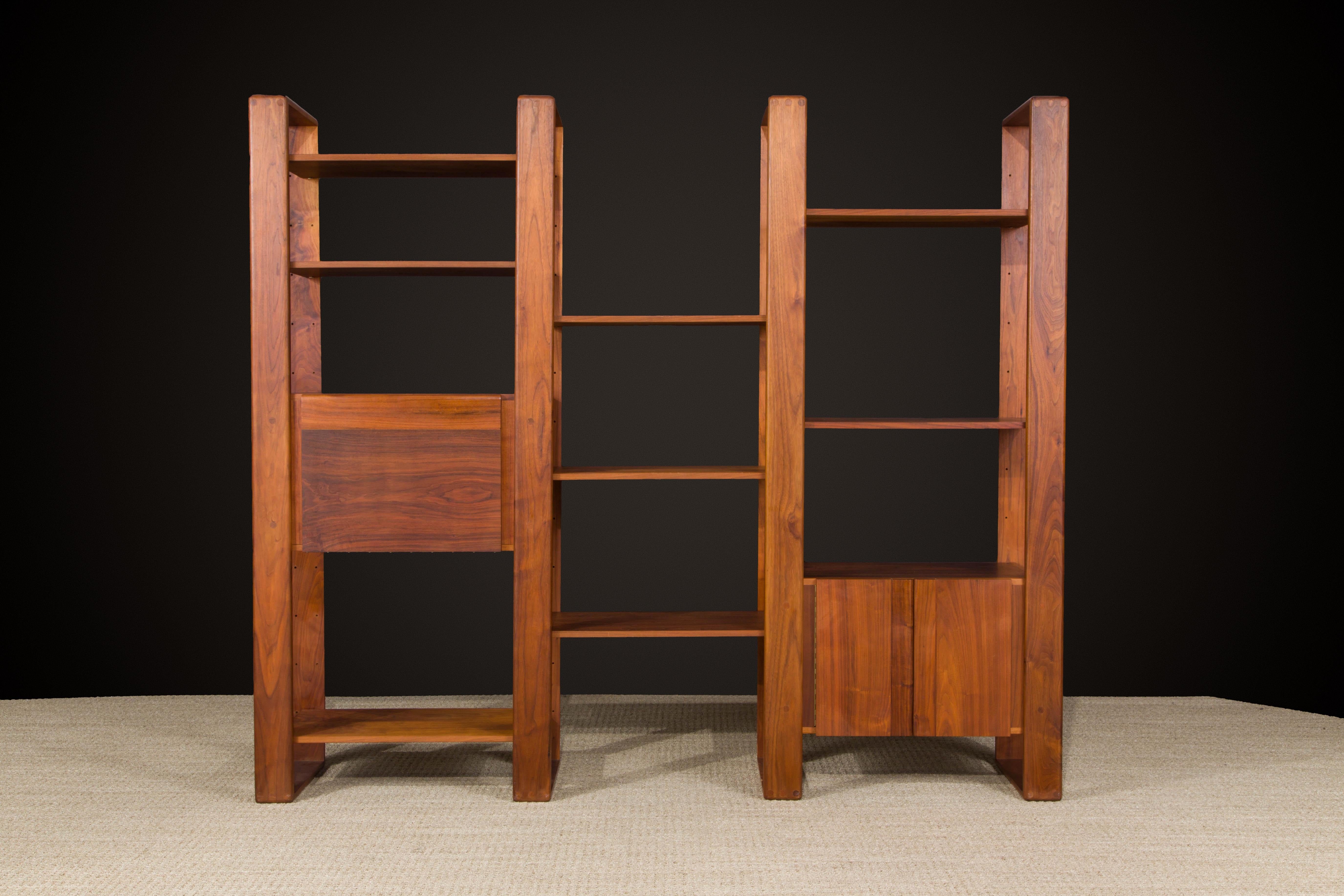 This modular bookcase is by Lou Hodges, designed and produced in California in the 1970s through early 1980s. You can configure this modular set in so many ways, each of the two units can be stand-alone or combined with shelves in-between to make a