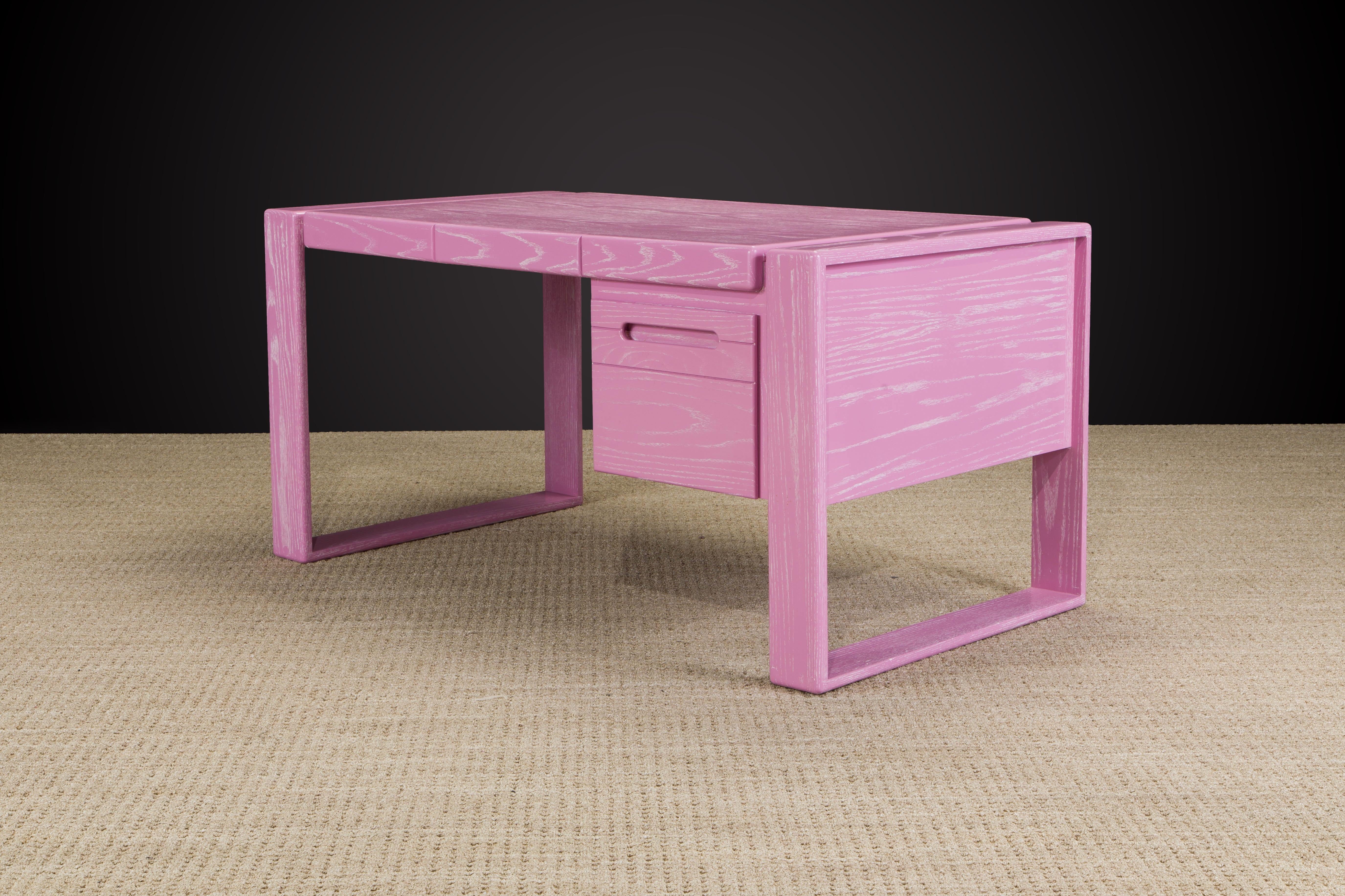 Lou Hodges California Modern Pink Cerused Oak Desk, 1978, Signed For Sale 9
