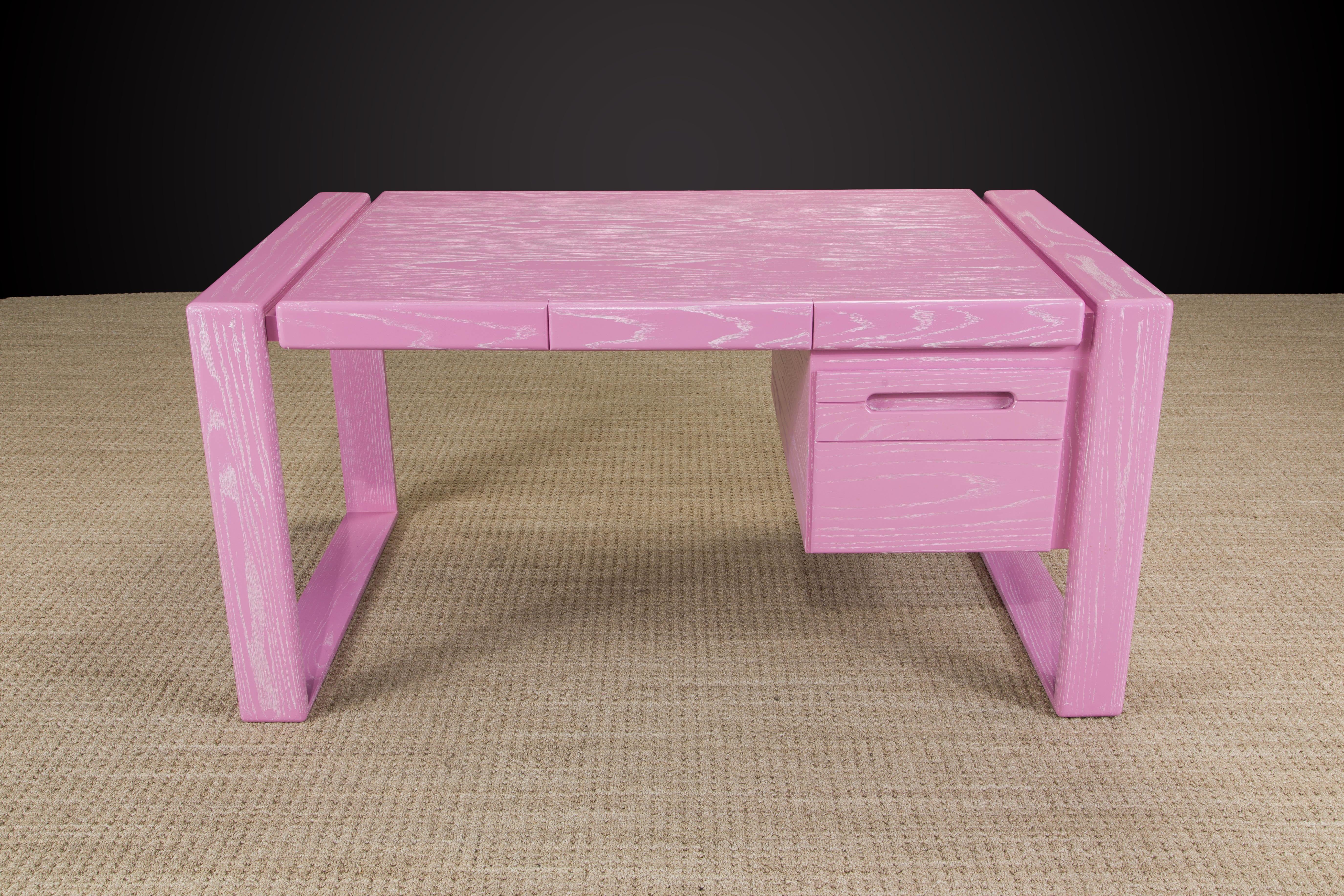 American Lou Hodges California Modern Pink Cerused Oak Desk, 1978, Signed For Sale