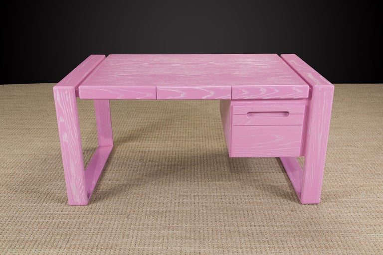 Lou Hodges California Modern Pink Cerused Oak Desk, 1978, Signed In Excellent Condition For Sale In Los Angeles, CA