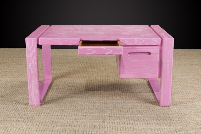 Late 20th Century Lou Hodges California Modern Pink Cerused Oak Desk, 1978, Signed For Sale