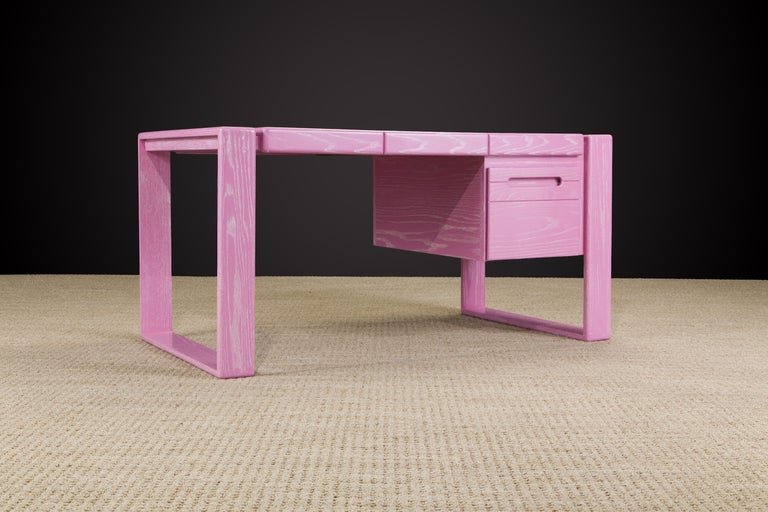 Lou Hodges California Modern Pink Cerused Oak Desk, 1978, Signed For Sale 3