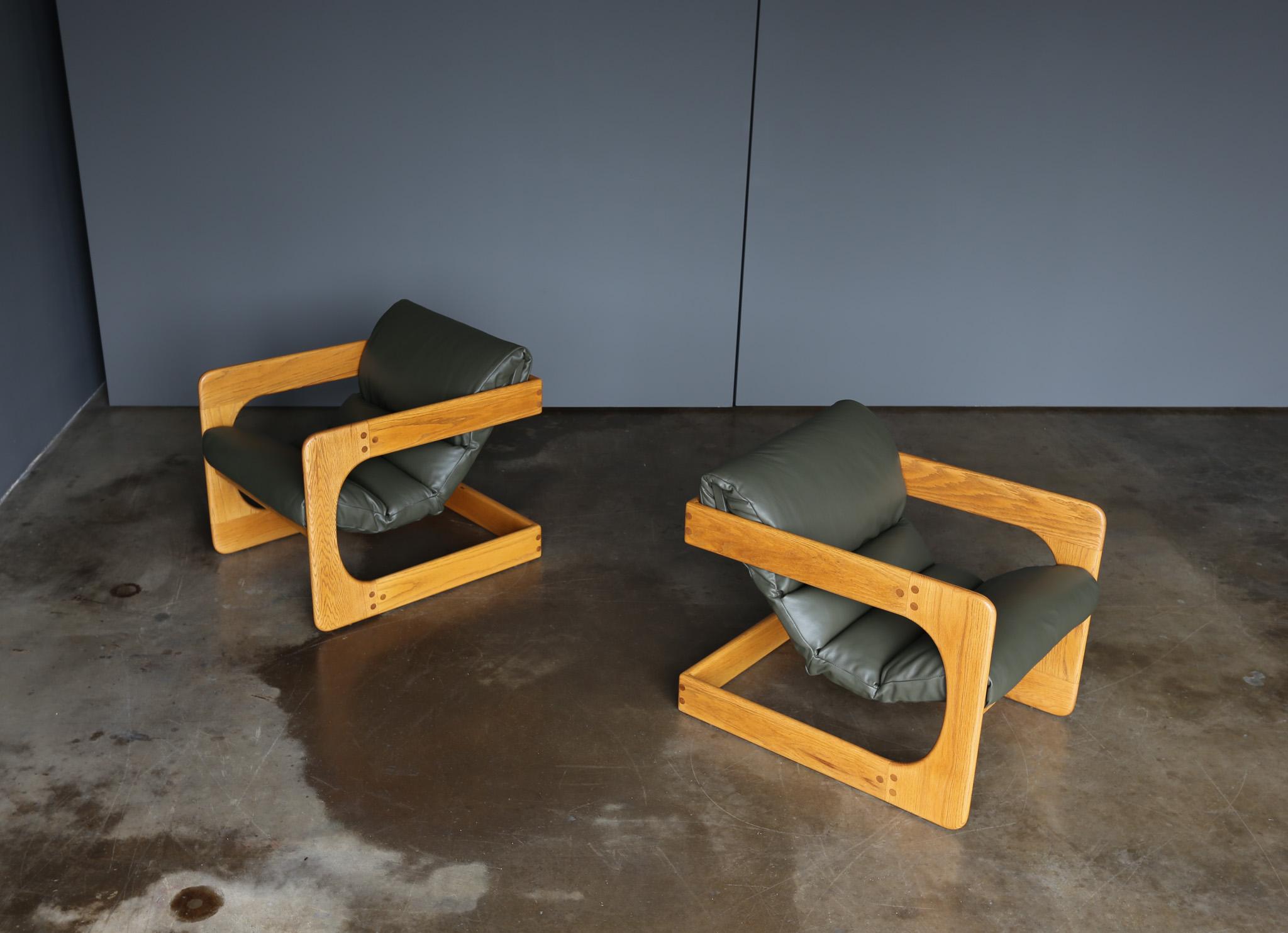 American Lou Hodges Oak & Leather Lounge Chairs for California Design Group, 1970's For Sale