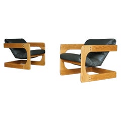 Lou Hodges Oak & Leather Lounge Chairs for California Design Group, 1970's
