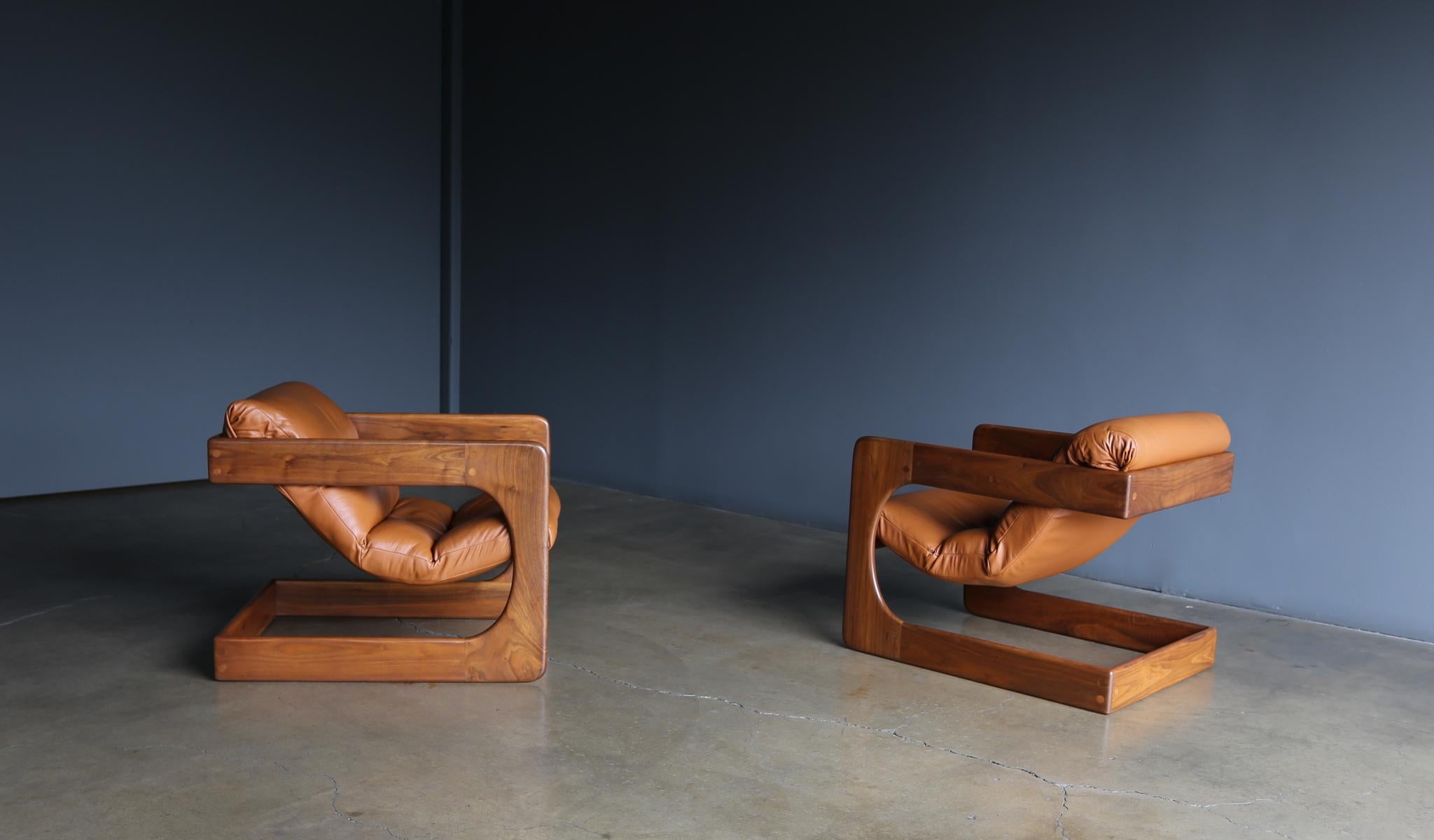 Lou Hodges Walnut & Leather Lounge Chairs for California Design Group, 1970's 2