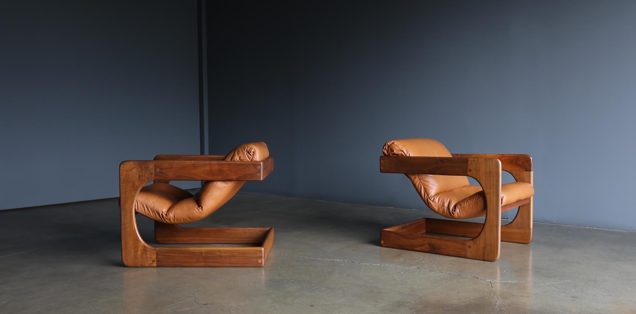 Lou Hodges Walnut & Leather Lounge Chairs for California Design Group, 1970's 7