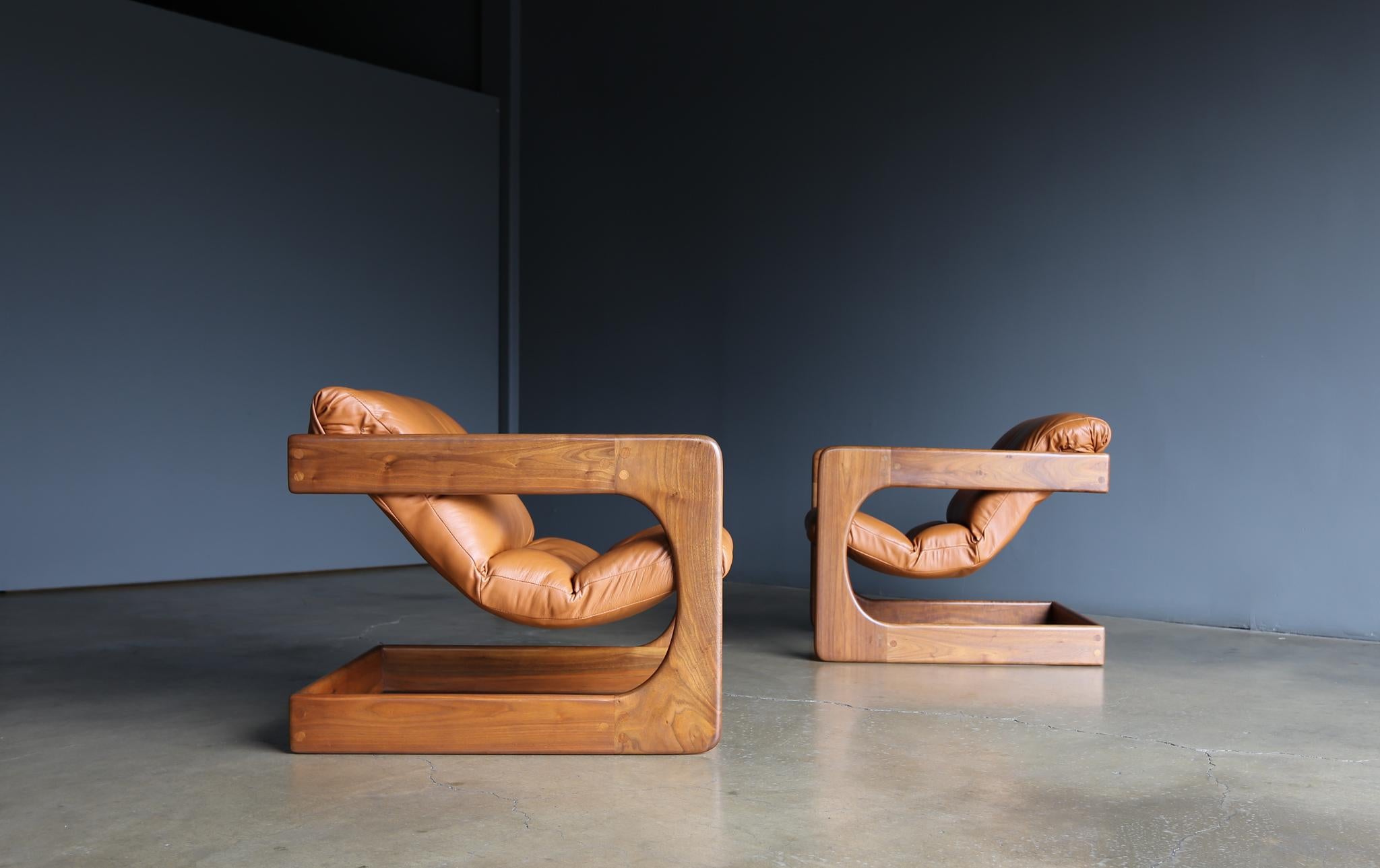 Lou Hodges Walnut & Leather Lounge Chairs for California Design Group, 1970's 9