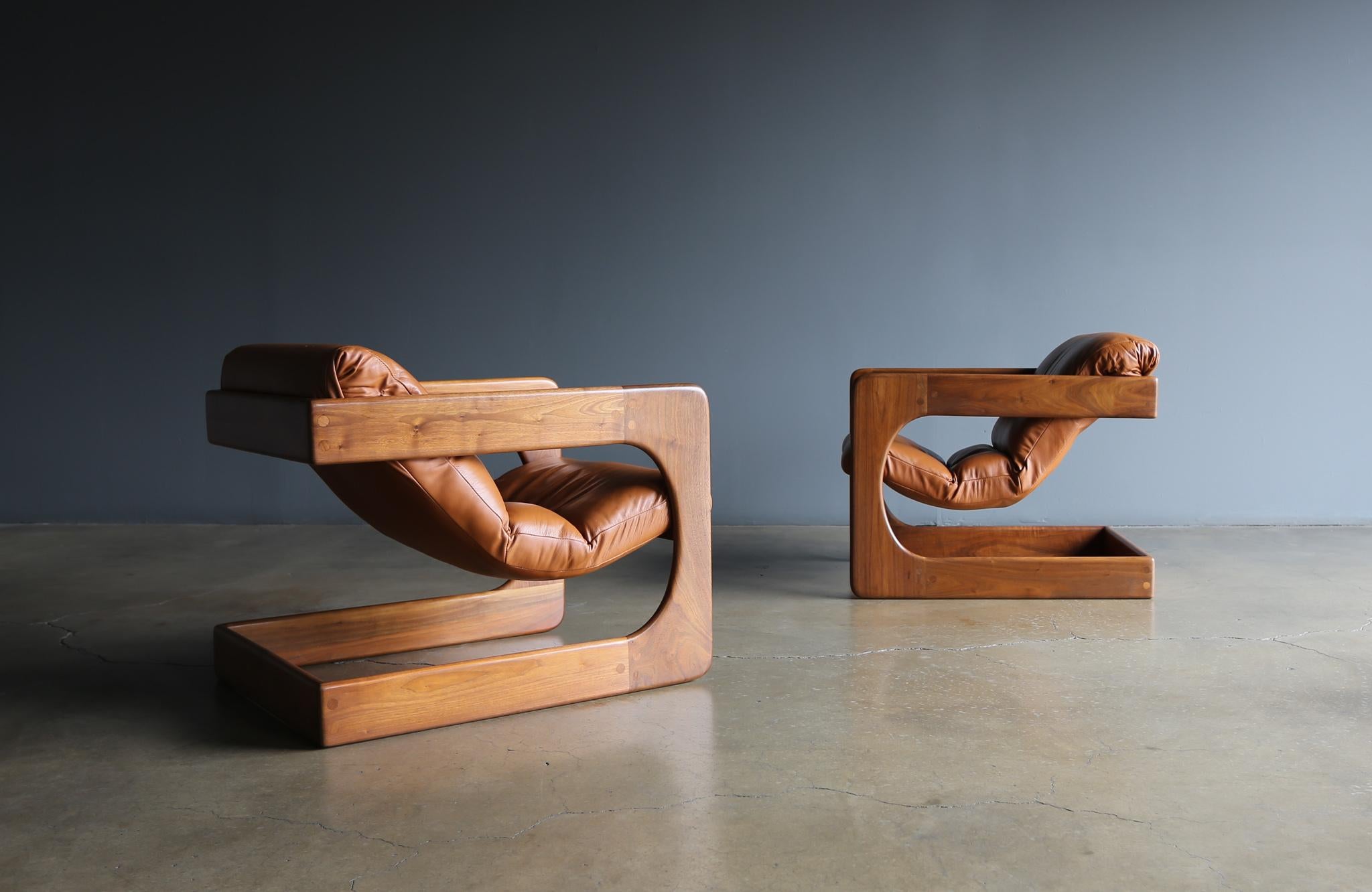 Mid-Century Modern Lou Hodges Walnut & Leather Lounge Chairs for California Design Group, 1970's