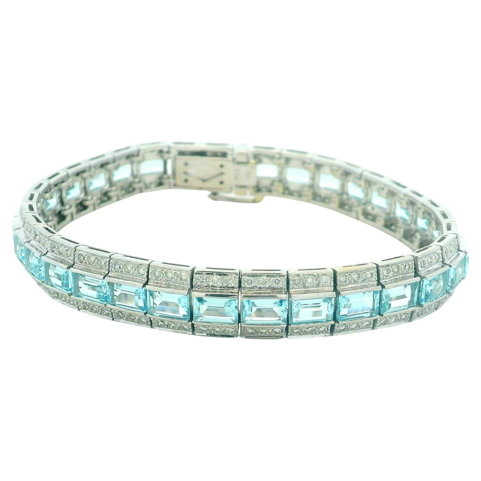 LOU Pulsera italiana Art Decó Revival de oro blanco de 18 quilates con aguamarina y diamantes en venta