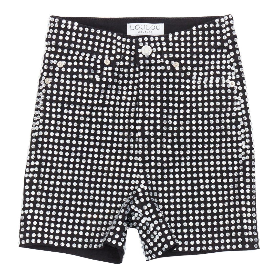 LOU LOU COUTURE pantaloncini a vita alta in cotone con cristalli di vetro neri XS in vendita