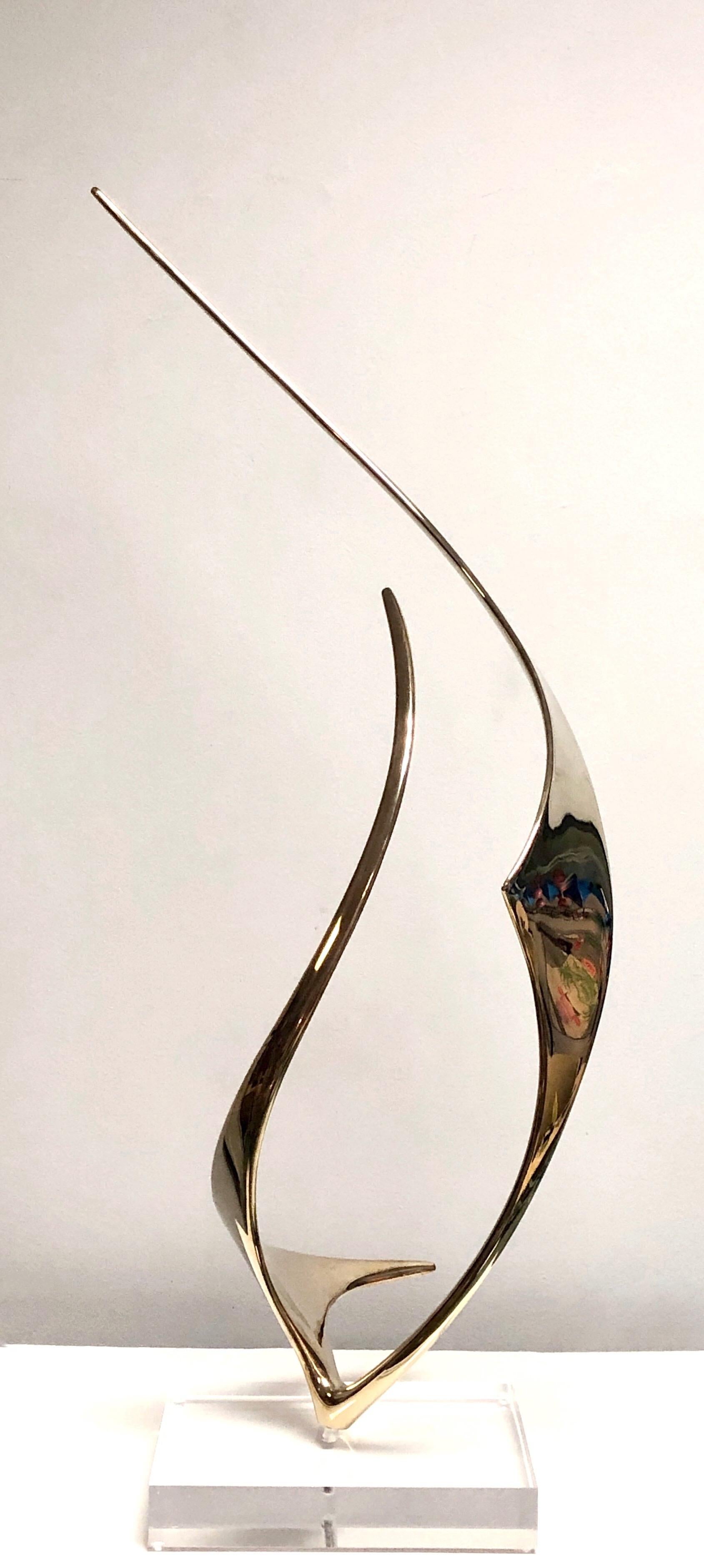 A large bronze sculpture by Lou Pearson and Robbie Robins. On a thick Lucite base where it swivels. Signed and numbered 23 of 36, and dated 1995.

Louis Pearson was an abstract modern sculptor born to Swedish immigrants residing in Wallace, Idaho,