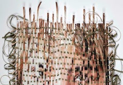 Disassemble #21 - Multimedia woven, textured portrait w/ curled green ribbons