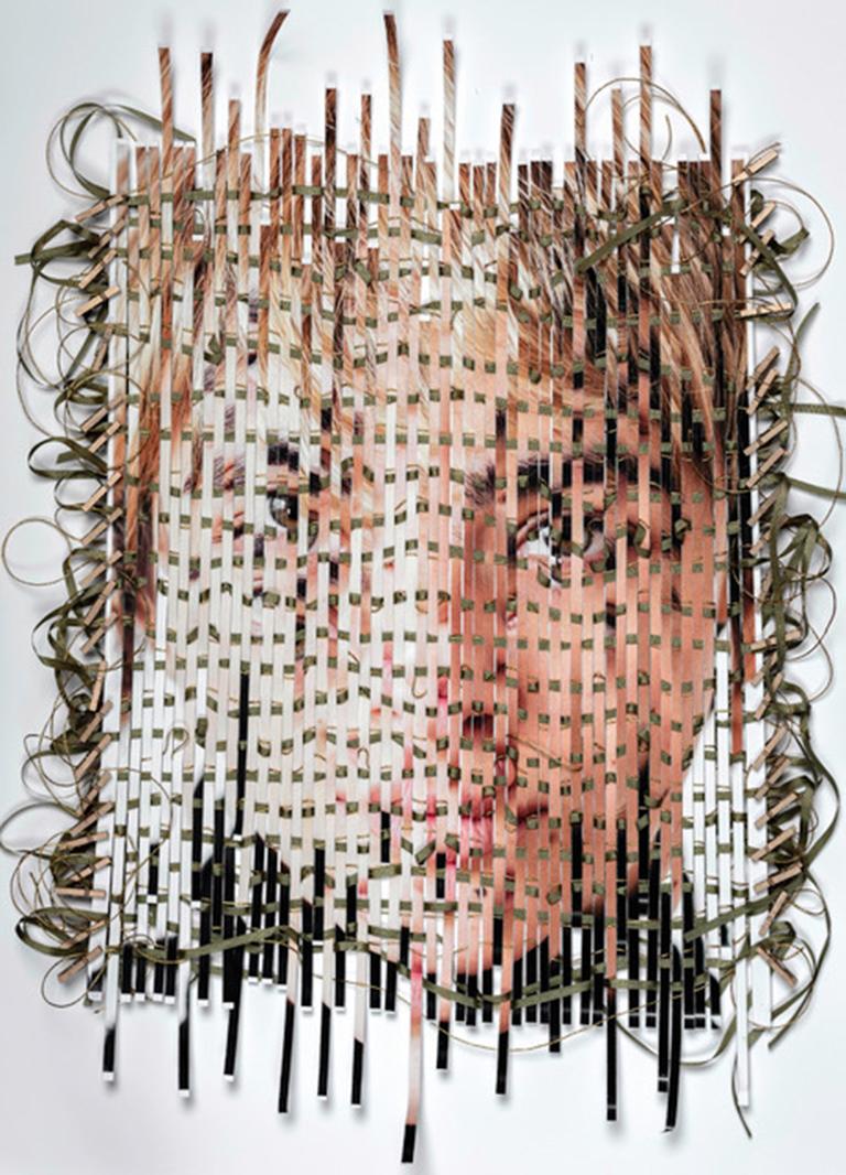 Lou Peralta Portrait Photograph - Disassemble #21 - Multimedia woven, textured portrait w/ curled green ribbons