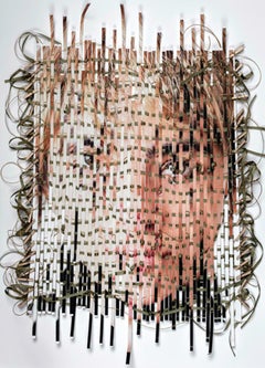 Disassemble #21 - Multimedia woven, textured portrait w/ curled green ribbons