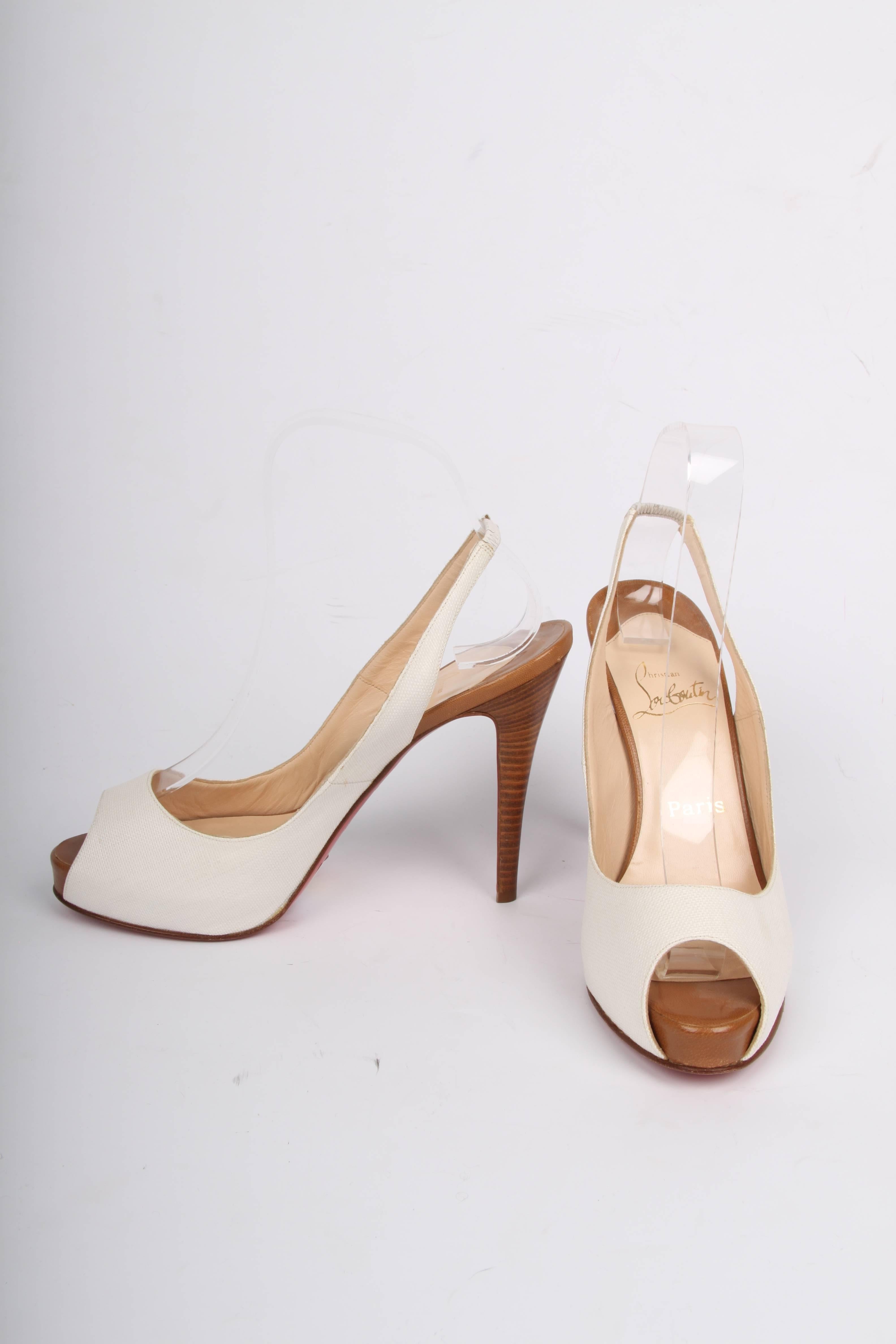 Louboutin Peep Toe Slingback Pumps - white canvas In Good Condition In Baarn, NL