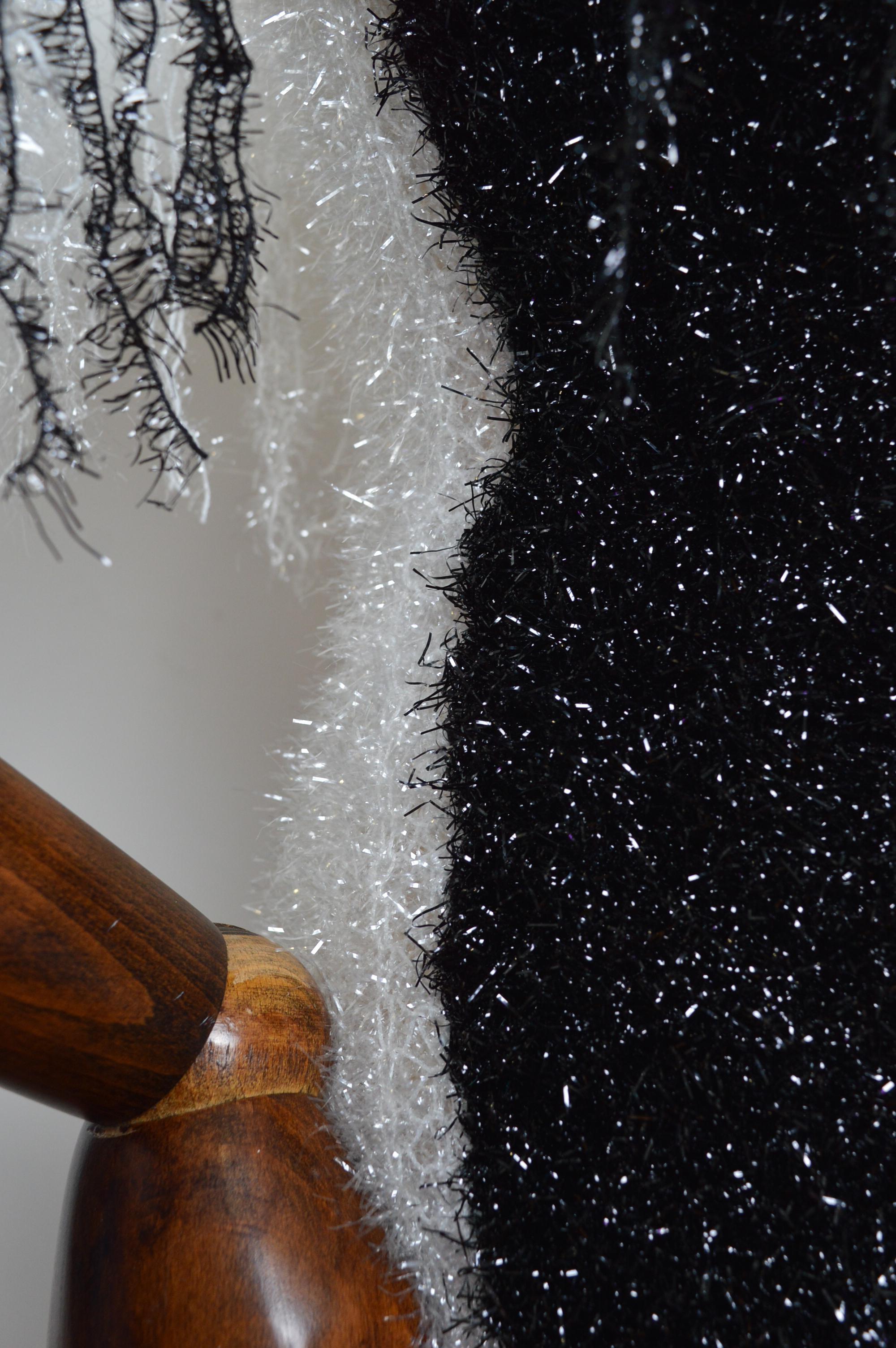 Loud 1990’s Garish Off shoulder White & Black Tinsel Glitter Cowl Evening Dress For Sale 6