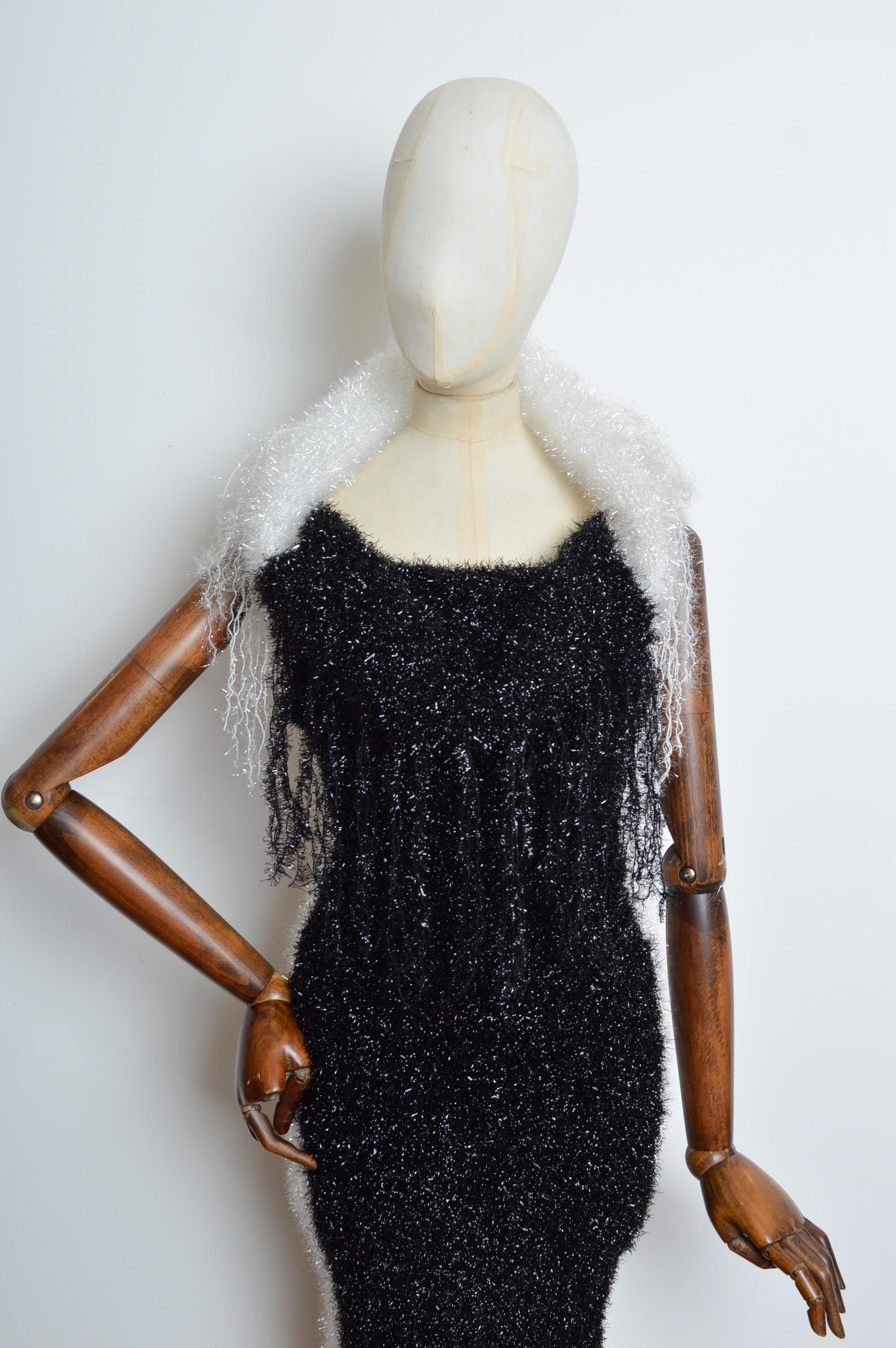Loud 1990’s Garish Off shoulder White & Black Tinsel Glitter Cowl Evening Dress In Good Condition For Sale In Sheffield, GB