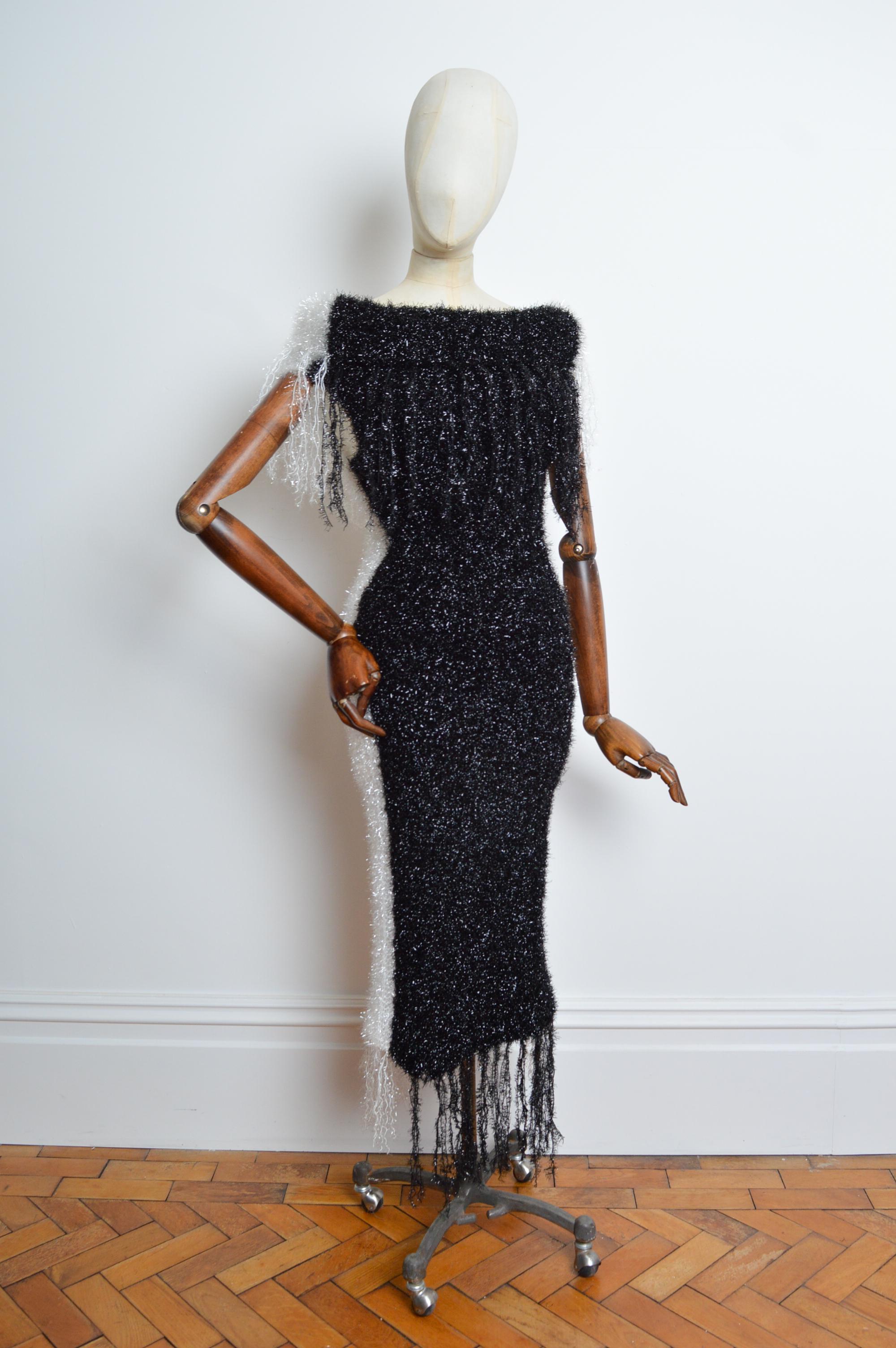 Women's Loud 1990’s Garish Off shoulder White & Black Tinsel Glitter Cowl Evening Dress For Sale