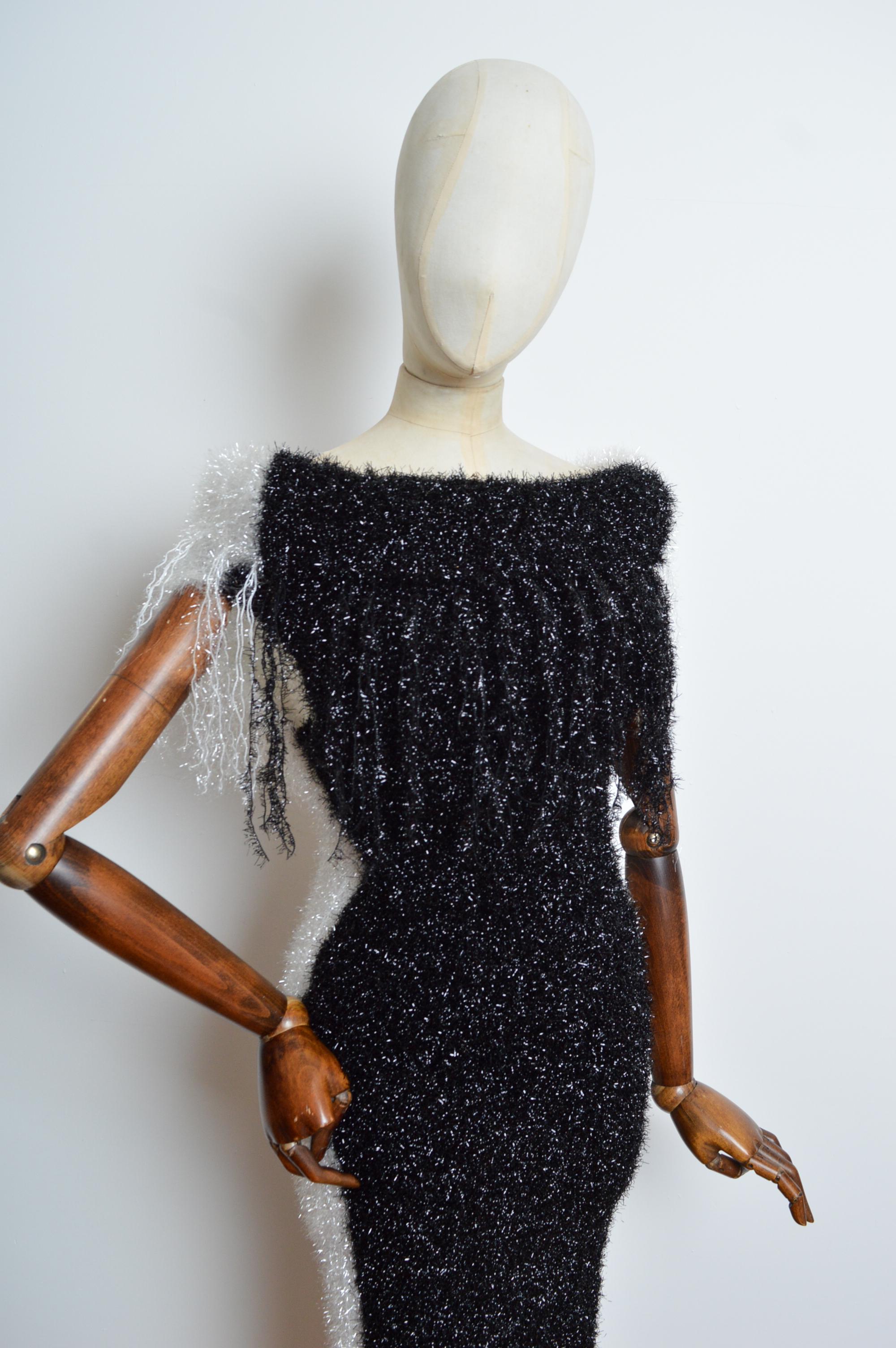 Loud 1990’s Garish Off shoulder White & Black Tinsel Glitter Cowl Evening Dress For Sale 1
